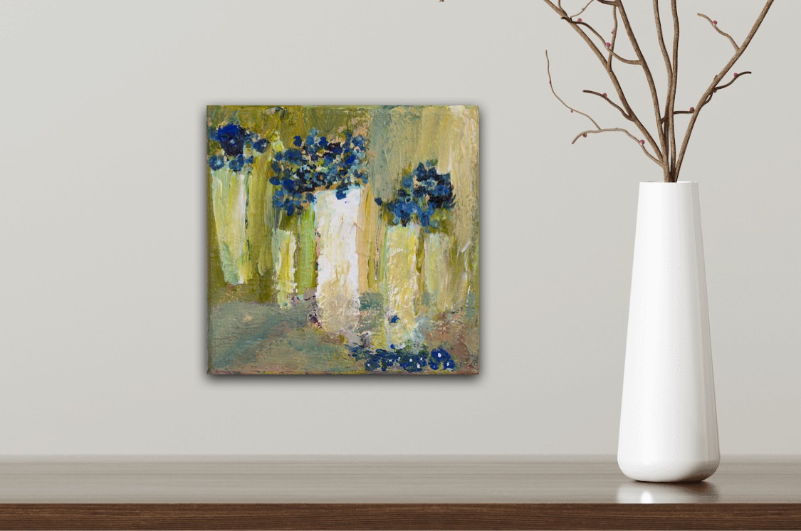 Abstract vases with blue flowers by Marloes Bloedjes Luz Artworks - on the wall