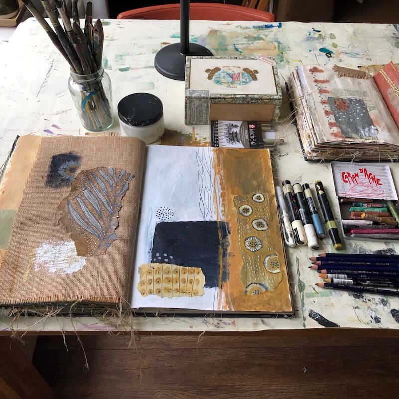Art Journaling courses- my working table overview - Luz Artworks - Brave Art Academy