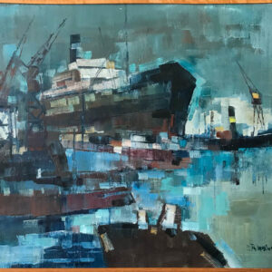 Ship in Harbour Blue - Bob Immink - 70x80cm - Oil on linen