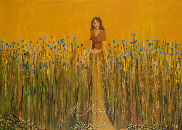 girl in the flax field painting by Luz Artworks